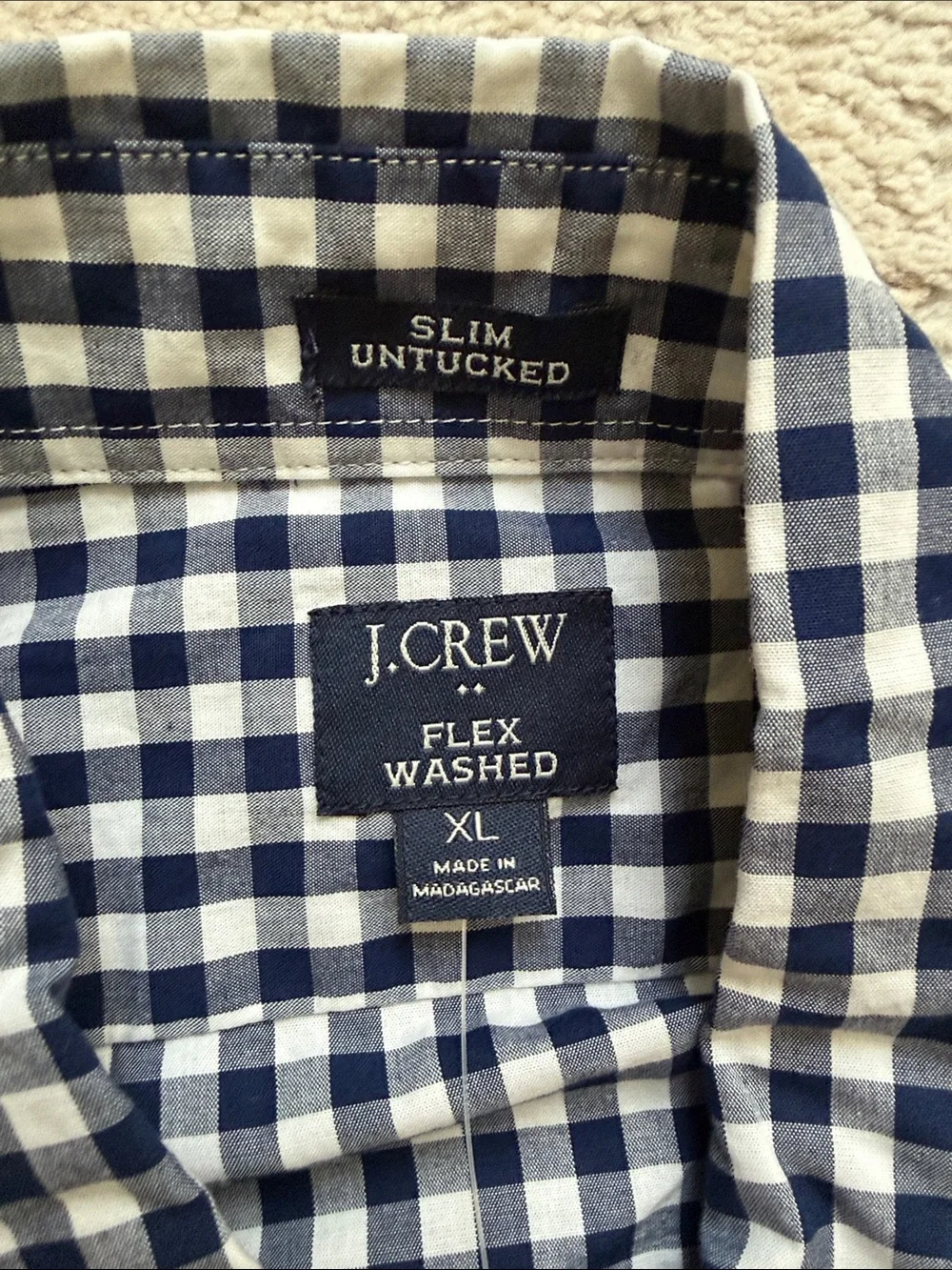 J. Crew Navy and White Gingham Button-Down Slim Fit Untucked Shirt - Size XL